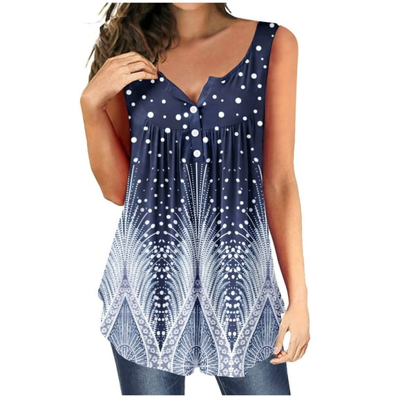 USSUMA Womens Summer Tops Flowy Pleated Buttons Tank Top T-Shirts for Women Trendy Floral Printed Blouses Tops Dressy Casual V Neck Tunic Plus Size Shirts for Female