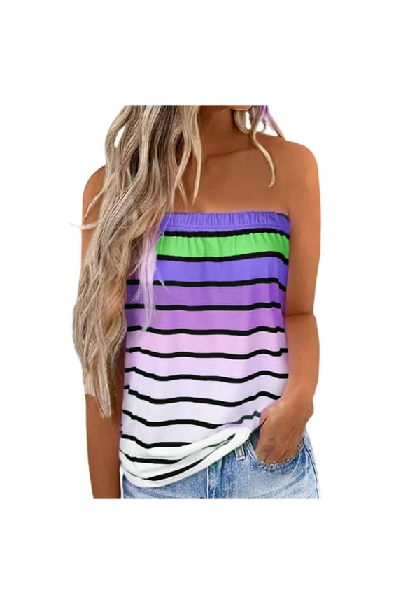 USSUMA Womens Tube Tops Striped Tie Dye Strapless Sleeveless Tube Pleated Tunic Crop Cami Tshirt Blouse