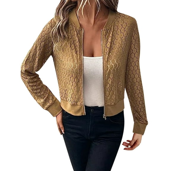 up to 60% off Gifts wycnly Winter Womens Bomber Jacket Coat for Women Going out Party Club Sexy Lace Hollow out Jacket Fall Lightweight Thin Long Sleeve Stand Neck Zip up Outerwear Up to 65% off