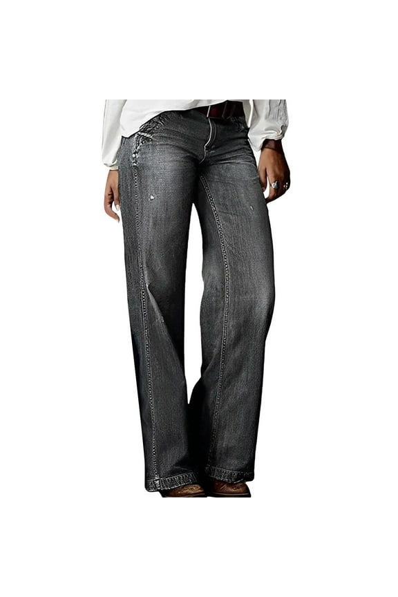 Womens Denim Pants Womens Denim Pants Fashion Mid Waist Stretchy Jeans Long Pants Plus Size Casual Solid Straight Leg Denim Pants Trousers with Pocket Fall