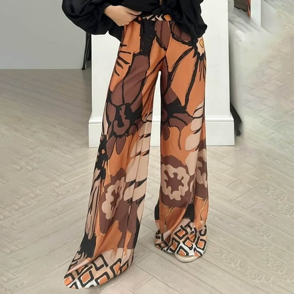 Usmixi Palazzo Pants for Women Palazzo Pants for Women Fashion Floral Loose Wide Leg Flare Pants Button High Waist Lightweight Ladies Long Pants Trousers Under $5