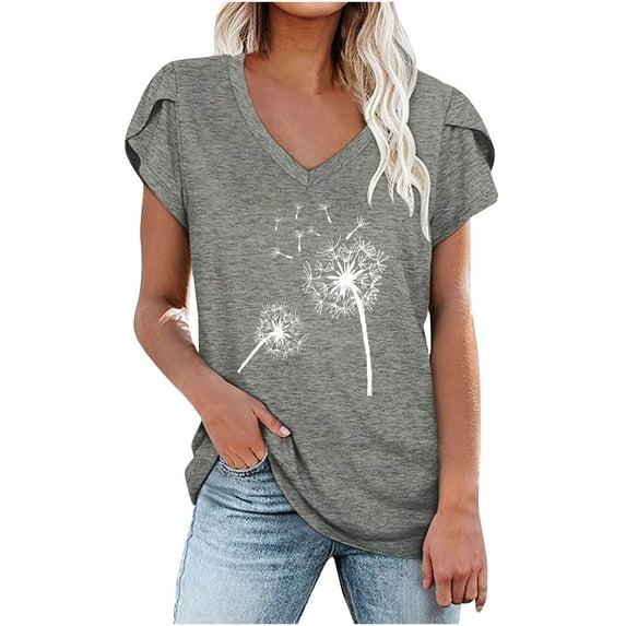 Cyber&Monday Deals Usmixi Cute Tops for Women Dandelion Print V-Neck Short Sleeve T shirts Summer Casual Petal Sleeve Comfy Lightweight Loose Pullover Blouses Gray XXL Clearance Clothes