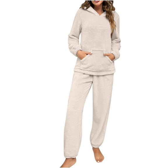 Usmixi Loungewear Set for Women Plush Pajama Sets for Women Casual Solid Fleece Pullover Hoodies Top and Long Pant Matching Set Homewear Lounge Sets with Pocket Holiday