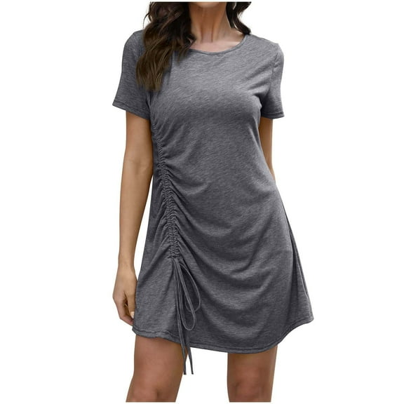 Usmixi Dresses for Women 2025 Adjustable Drawstring Bodycon Tunic Tshirt Short Dresses Short Sleeve Round Neck Solid Summer Mini Formal Dress Gray xxxl Under $5