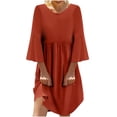 thumbnail image 1 of Usmixi Dresses for Women 2025 Flared Sleeve Flowy Smocked Swing Tunic Cotton Linen Dresses 3/4 Sleeve Round Neck Solid Summer Mini Formal Dress Orange l Under $5, 1 of 5