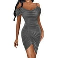thumbnail image 1 of Usmixi Dresses for Women 2025 Night Party Club Basic Ruched Sexy Cold Shoulder Bodycon Dresses Short Sleeve V-Neck Solid Summer Mini Formal Dress Gray m Under $5, 1 of 6