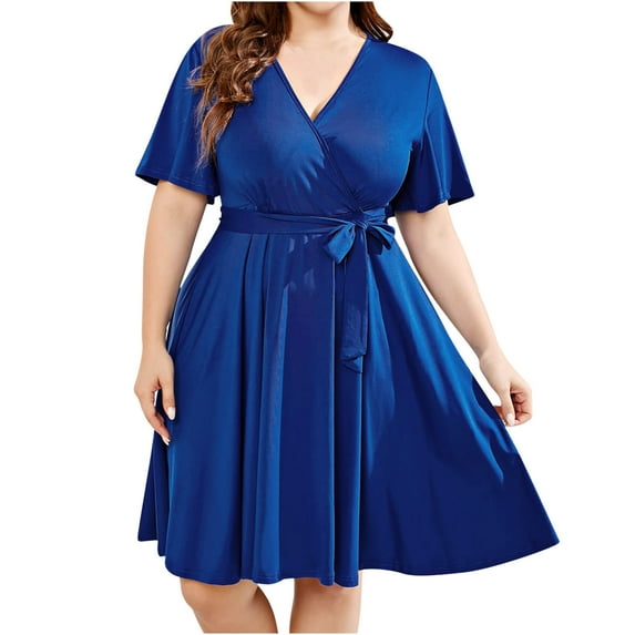 Cyber&Monday Deals Usmixi Dresses for Women 2023 Tie Waist Flowy Pleated Swing Plus Size Knee-Length Dresses Short Sleeve V-Neck Solid Summer Midi Formal Dress Blue xxxxl Clearance Under $5