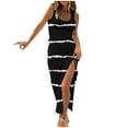 thumbnail image 1 of Usmixi Formal Dresses for Women Beach Party Fashion Drawstring Slit Bodycon Ribbed Tank Maxi Dresses Scoop Neck Sleeveless Striped Print Summer Long Dress Black m, 1 of 3