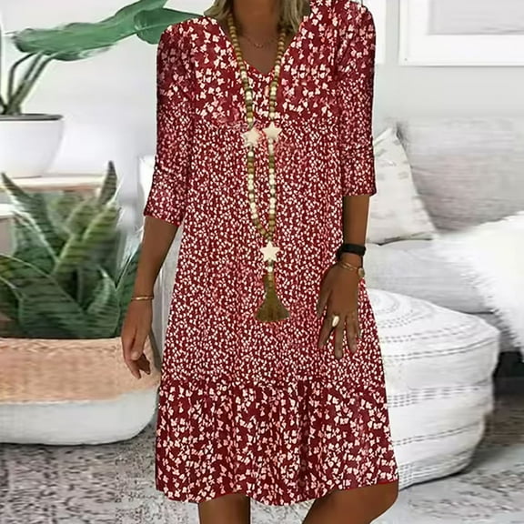 Usmixi Formal Dresses for Women Beach Vintage Boho Plus Size Swing Tunic Midi Sundresses Elbow-Length V-Neck Floral 2025 Summer Knee-Length Dress Red l