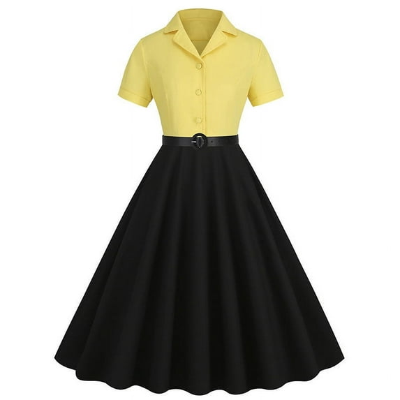 Usmixi Formal Dresses for Women Button up Empire Waist Flowy Pleated Swing Vintage 1950S A Line Dresses with Belt Lapel Short Sleeve Color Patchwork Summer Midi Dress Yellow XL