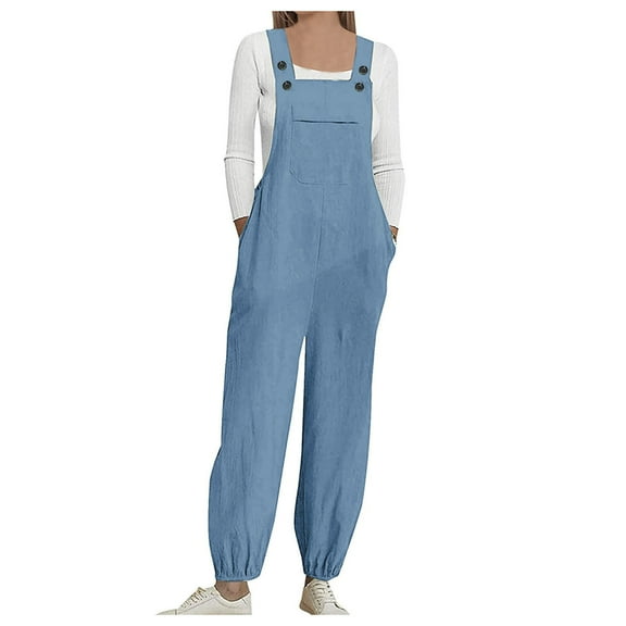 Usmixi Jumpsuits for Women Casual Cotton Linen Loose Button Strap Straight Long Jumpsuits Overalls with Pocket Summer Formal Solid Square Neck Sleeveless Maxi Rompers Sky Blue xxl