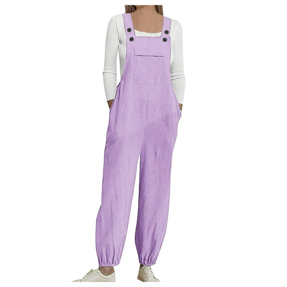 Usmixi Jumpsuits for Women Casual Cotton Linen Loose Button Strap Straight Long Jumpsuits Overalls with Pocket Summer Formal Solid Square Neck Sleeveless Maxi Rompers Purple m
