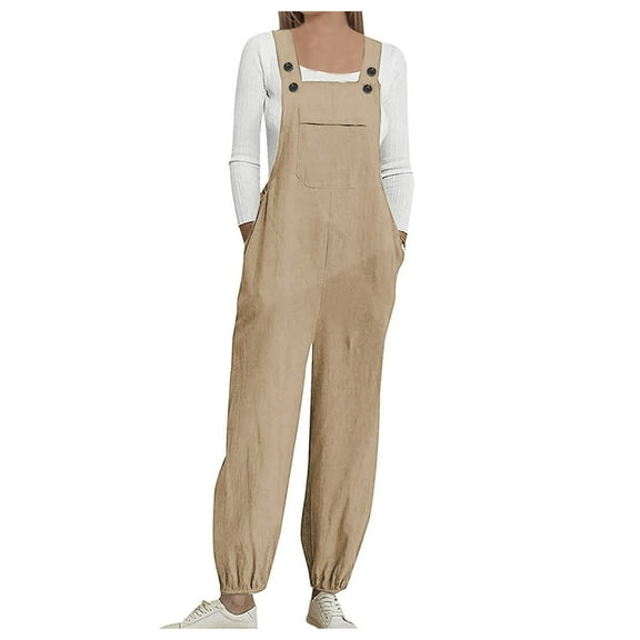 Usmixi Jumpsuits for Women Casual Cotton Linen Loose Button Strap Straight Long Jumpsuits Overalls with Pocket Summer Formal Solid Square Neck Sleeveless Maxi Rompers Khaki s