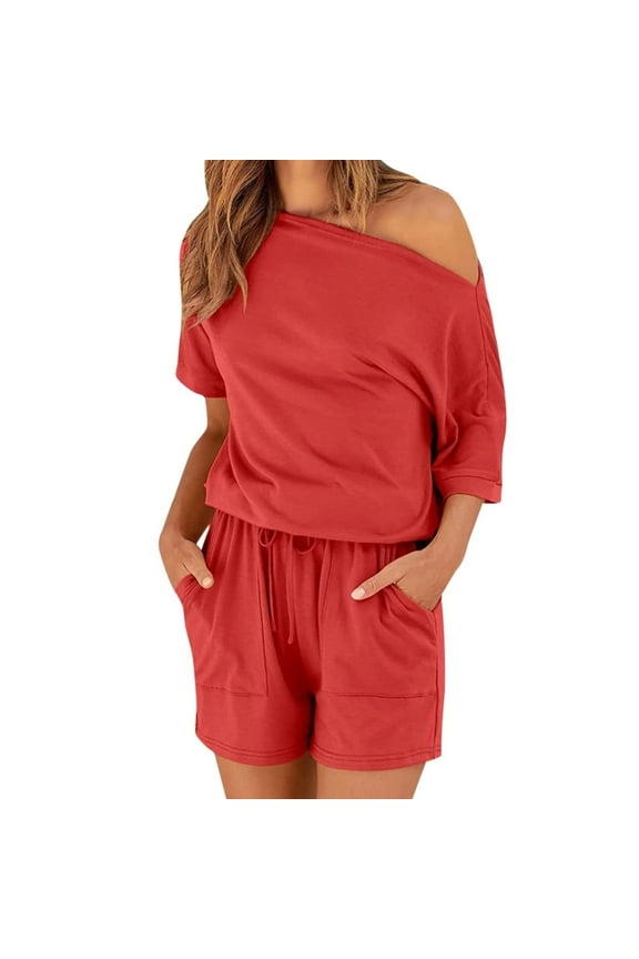Usmixi Jumpsuits for Women Casual Drawstring Elastic Waist One Shoulder Straight Short Jumpsuits Overalls Summer Formal Solid Slash Neck Short Sleeve Mini Rompers Red m