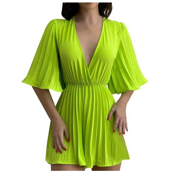 Usmixi Jumpsuits for Women Casual Solid Elastic Waist Plus Size Loose Flowy Pleated Wide Leg Short Jumpsuits Overalls Summer Formal Plain V-Neck Elbow-Length Mini Rompers Yellow l