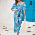 thumbnail image 1 of Usmixi Jumpsuits for Women Dressy Beach Vacation Elastic Waist off Shoulder Jumpsuits Overalls with Tie Summer Square Neck Short Sleeve Leaves Print Long Formal Rompers Blue xxl, 1 of 6