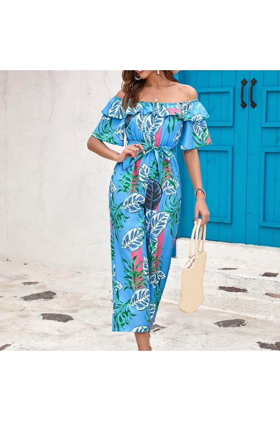 Usmixi Jumpsuits for Women Dressy Beach Vacation Elastic Waist off Shoulder Jumpsuits Overalls with Tie Summer Square Neck Short Sleeve Leaves Print Long Formal Rompers Blue xxl