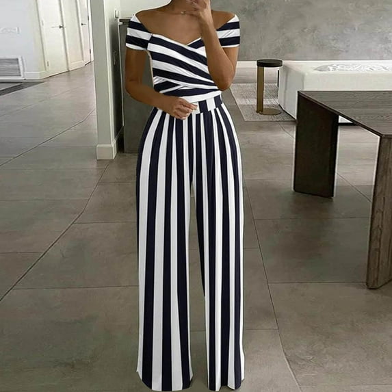 Usmixi Jumpsuits for Women Dressy Business Casual Empire Waist Pleated Loose Straight off Shoulder Jumpsuits Summer V-Neck Short Sleeve Floral Print Long Formal Rompers Black xxxl