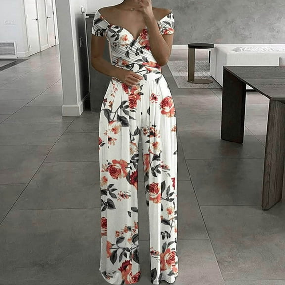 Usmixi Jumpsuits for Women Dressy Business Casual Empire Waist Pleated Loose Straight off Shoulder Jumpsuits Summer V-Neck Short Sleeve Floral Print Long Formal Rompers Pink l