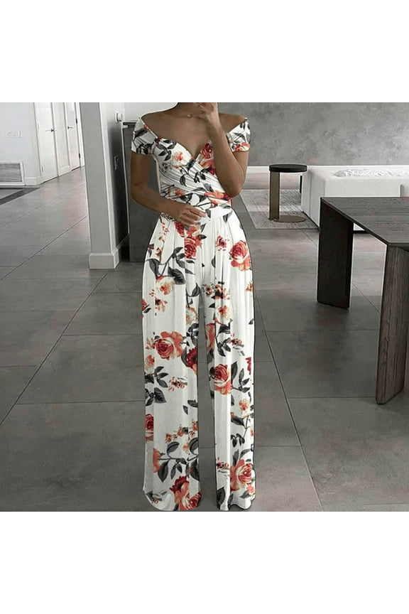 Usmixi Jumpsuits for Women Dressy Business Casual Empire Waist Pleated Loose Straight off Shoulder Jumpsuits Summer V-Neck Short Sleeve Floral Print Long Formal Rompers Pink l