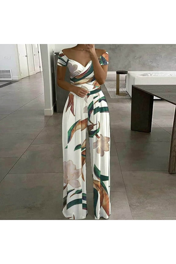 Usmixi Jumpsuits for Women Dressy Business Casual Empire Waist Pleated Loose Straight off Shoulder Jumpsuits Summer V-Neck Short Sleeve Floral Print Long Formal Rompers White s