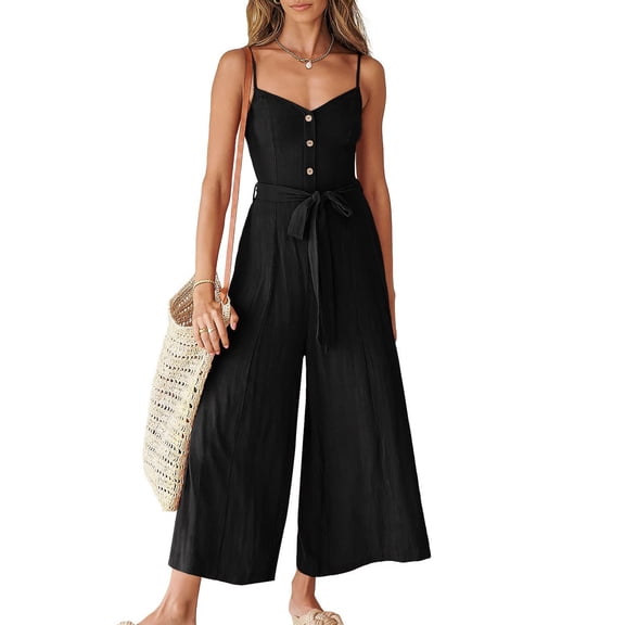 Usmixi Jumpsuits for Women Dressy Casual Button Down Spaghetti Strap Wide Leg Long Jumpsuits Overalls with Belt Summer V-Neck Sleeveless Solid Maxi Formal Rompers Black xl