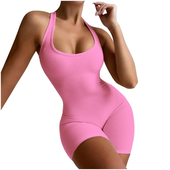 Usmixi Jumpsuits for Women Dressy Casual Soft Knitted Ribbed Slim Fit Workout Sports Halter Short Jumpsuits Summer Square Neck Sleeveless Solid Mini Formal Rompers Hot Pink l