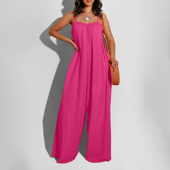 Usmixi Jumpsuits for Women Dressy Casual Solid High Waist Loose Wide Leg Spaghetti Strap Jumpsuits Overalls Summer Square Neck Sleeveless Plain Long Formal Rompers Hot Pink m