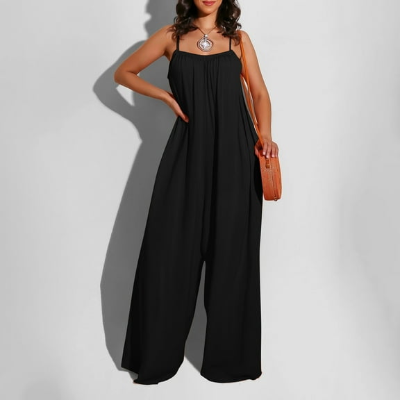 Usmixi Jumpsuits for Women Dressy Casual Solid High Waist Loose Wide Leg Spaghetti Strap Jumpsuits Overalls Summer Square Neck Sleeveless Plain Long Formal Rompers Black s