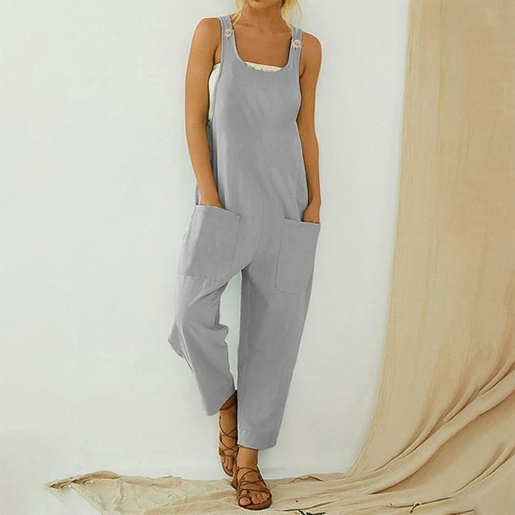Usmixi Jumpsuits for Women Dressy Casual Solid Soft Cotton Linen Button Strap Long Jumpsuits Overalls with Pocket Summer Round Neck Sleeveless Plain Maxi Formal Rompers Gray s