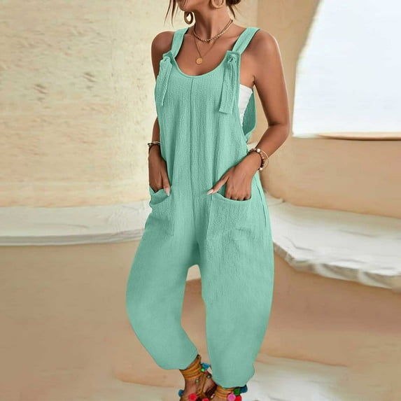 Cyber&Monday Deals Usmixi Jumpsuits for Women Dressy Fashion Adjustable Strap Comfy Loose Long Jumpsuits Overalls with Pocket Summer V-Neck Sleeveless Solid Maxi Formal Rompers Mint Green xxl