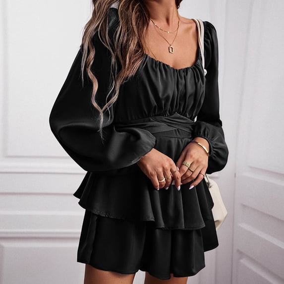 Cyber&Monday Deals Usmixi Jumpsuits for Women Dressy Fashion Empire Waist Pleated Ruffle Layer Hem Mini Jumpsuits Overalls Summer Square Neck Long Sleeve Solid Short Formal Rompers Black s