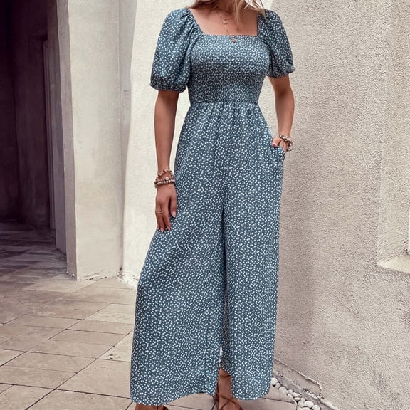 Usmixi Jumpsuits for Women Dressy Fashion Puff Sleeve Elastic Waist Loose Wide Leg Long Jumpsuits Overalls Summer Square Neck Short Sleeve Floral Print Maxi Formal Rompers Blue xl