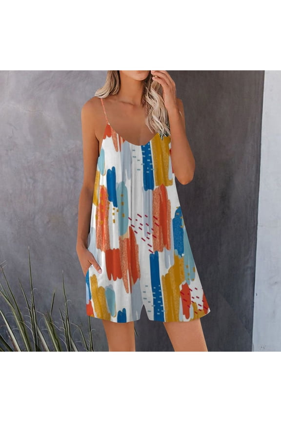 Usmixi Jumpsuits for Women Dressy Loose Wide Leg Fashion Spaghetti Strap Short Jumpsuits Overalls with Pocket Summer V-Neck Sleeveless Floral Print Mini Formal Rompers Blue l