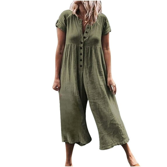 Cyber&Monday Deals Usmixi Jumpsuits for Women Dressy Plus Size Casual Solid Button up Cotton Linen Loose Long Jumpsuits Overalls Summer Lapel Short Sleeve Plain Maxi Formal Rompers Army Green xl