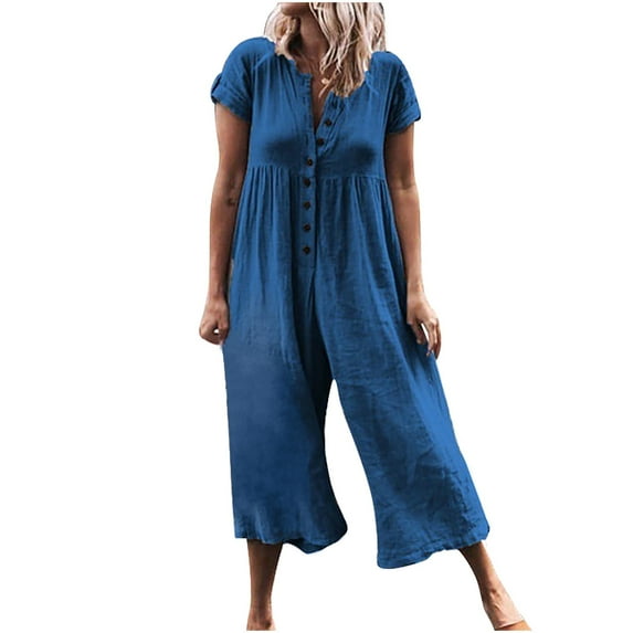 Cyber&Monday Deals Usmixi Jumpsuits for Women Dressy Plus Size Casual Solid Button up Cotton Linen Loose Long Jumpsuits Overalls Summer Lapel Short Sleeve Plain Maxi Formal Rompers Sky Blue l
