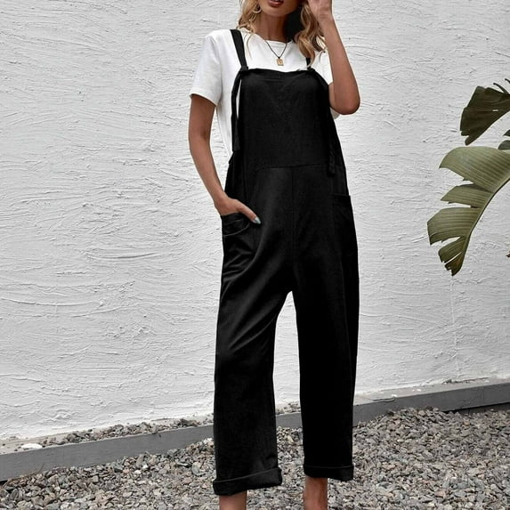 Usmixi Jumpsuits for Women Dressy Vintage Cotton Linen Loose Pocket Strap Long Jumpsuits Overalls Summer Square Neck Sleeveless Solid Maxi Formal Rompers Black s