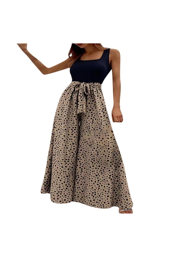 Usmixi Jumpsuits for Women Loose Wide Leg Vintage Empire Waist Long Tank Jumpsuits Overall with Belt Summer Formal Leopard Print Square Neck Sleeveless Maxi Rompers Khaki l