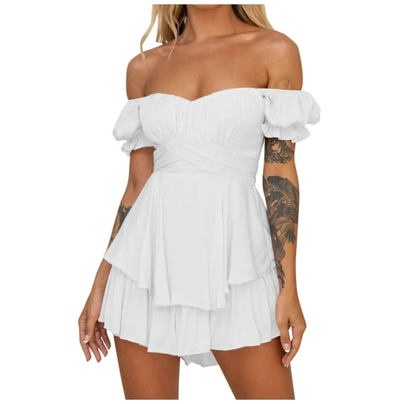 Usmixi Jumpsuits for Women Party Club Sexy off Shoulder Ruffle Layer Swing Empire Waist Jumpsuits Overalls Summer Formal Solid Tube Top Sleeveless Short Rompers White m
