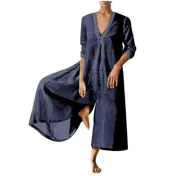 Usmixi Jumpsuits for Women Plus Size Fashion Loose Wide Leg Lightweight Cotton Linen Baggy Maxi Jumpsuits Overalls Summer Formal Solid V-Neck Short Sleeve Long Rompers Blue xl