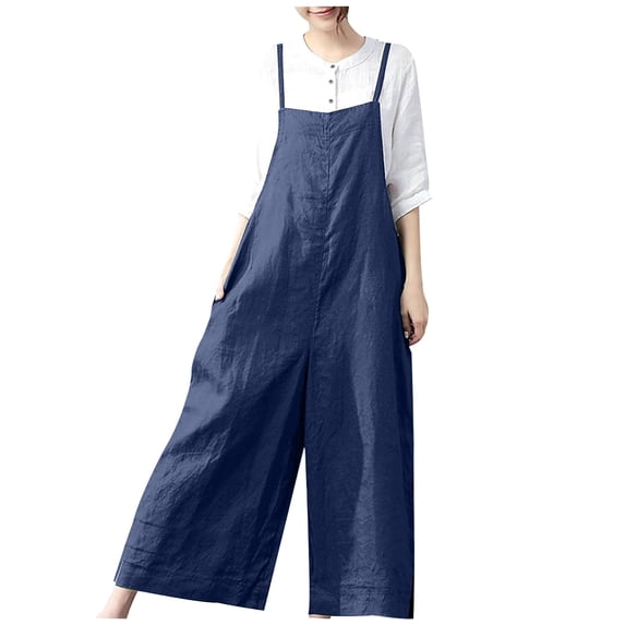 Usmixi Jumpsuits for Women Plus Size Loose Wide Leg Comfort Linen Spaghetti Strap Casual Long Jumpsuits Overalls Summer Formal Solid Square Neck Sleeveless Maxi Rompers Navy l