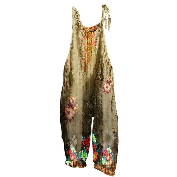 Usmixi Jumpsuits for Women Vintage Graphics Loose Soft Cotton Linen Adjustable Strap Baggy Jumpsuits Overalls Summer Formal Floral Print Crewneck Sleeveless Long Rompers Yellow xl
