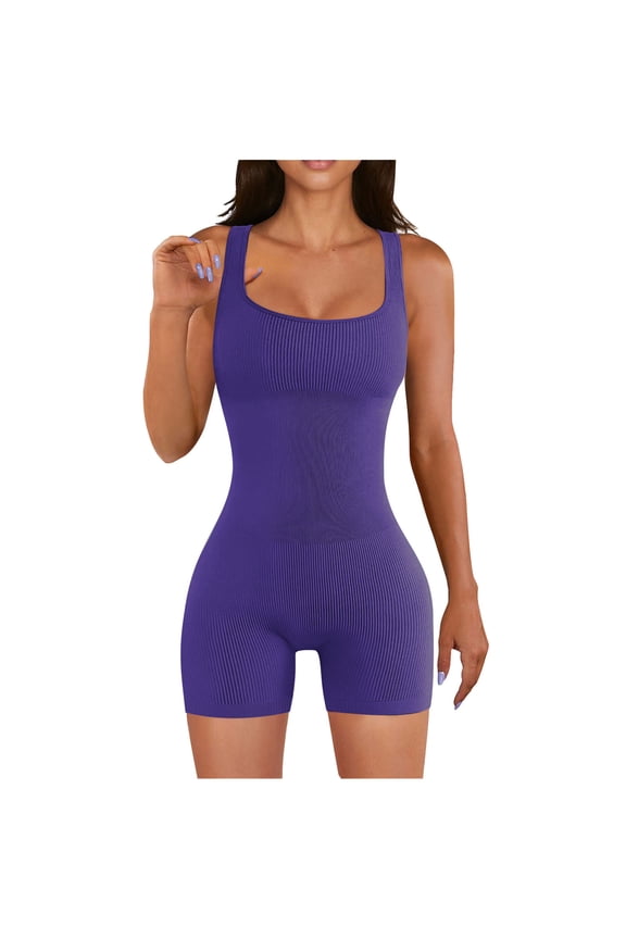Usmixi Jumpsuits for Women Workout Sports Soft Knitted Ribbed Slim Yoga Tank Mini Jumpsuits Overalls Summer Formal Solid Square Neck Sleeveless Short Rompers Purple xl