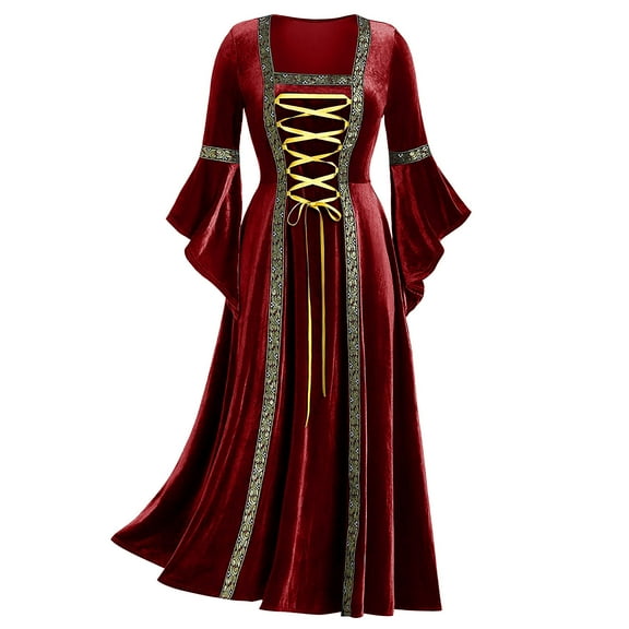 Usmixi Renaissance Dress Women Medieval Dress Renaissance Costumes for Women Party Prom Vintage Square Neck Flared Long Sleeve Maxi Medieval Dresses Clothes