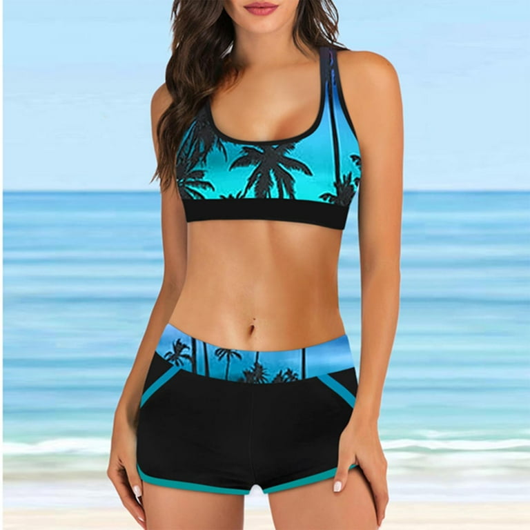 Cyber Monday Deals Usmixi Sexy Swimsuits for Women High Waist Vintage Bikini Sets Bathing Suits Beachwear Sleeveless Square Neck Coconut Tree Print