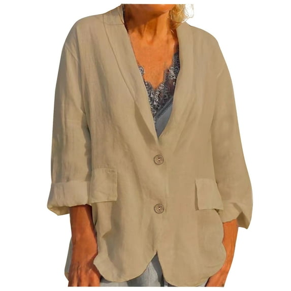 Usmixi Shirts Coats for Women Suit Jackets for Women Casual Solid Plus Size Button Down Lapel Blazer Coats Fall Lightweight Comfy Cotton Linen Shirts Coats Tops