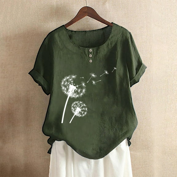 Usmixi Shirts for Women Casual Button up Plus Size Breathable Cotton Linen Tee Tops Summer Trendy Dandelion Print Short Sleeve Crewneck Ladies Blouses Army Green m