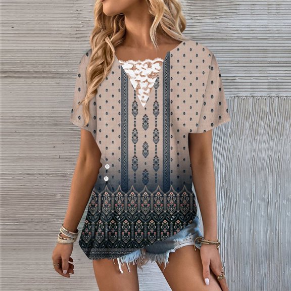 Usmixi Shirts for Women Lace Patchwork Vintage Graphics Irregular Button Hem Tunic Tops Summer Trendy Western Print Short Sleeve Square Neck Ladies Blouses Dark Gray XXL