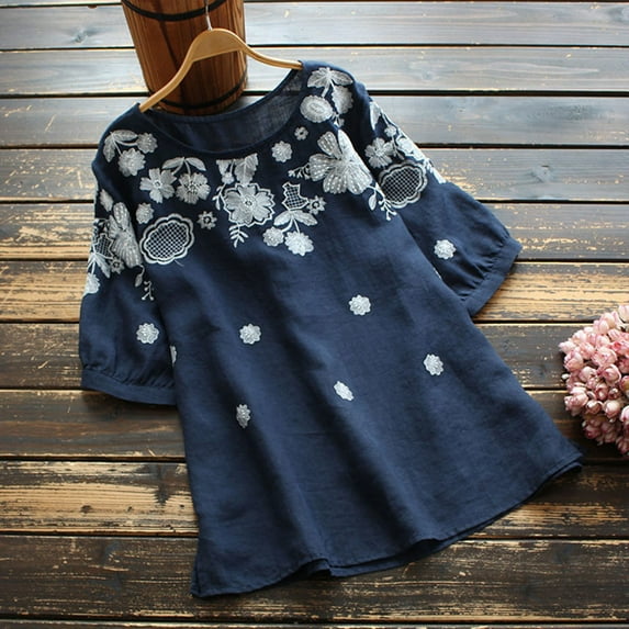 Usmixi Shirts for Women Plus Size Fashion Loose Flowy Swing Cotton Linen Tunic Tee Tops Summer Trendy Floral Print Short Sleeve Round Neck Ladies Blouses Dark Blue XXL