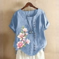 thumbnail image 1 of Usmixi Shirts for Women Vintage Floral Button Down Plus Size Cotton Linen Tee Tops Summer Trendy Flowers Print Short Sleeve Crewneck Ladies Blouses Sky Blue XXXXXL, 1 of 6